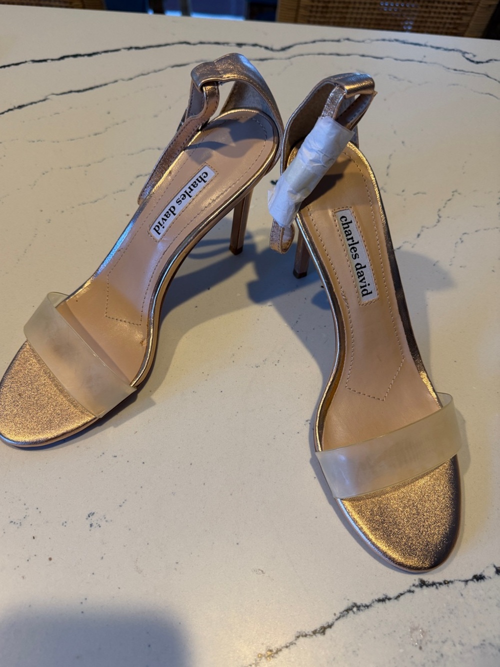 Charles David Metallic Rose Gold Clear Strap Stiletto. . Brand new, never worn